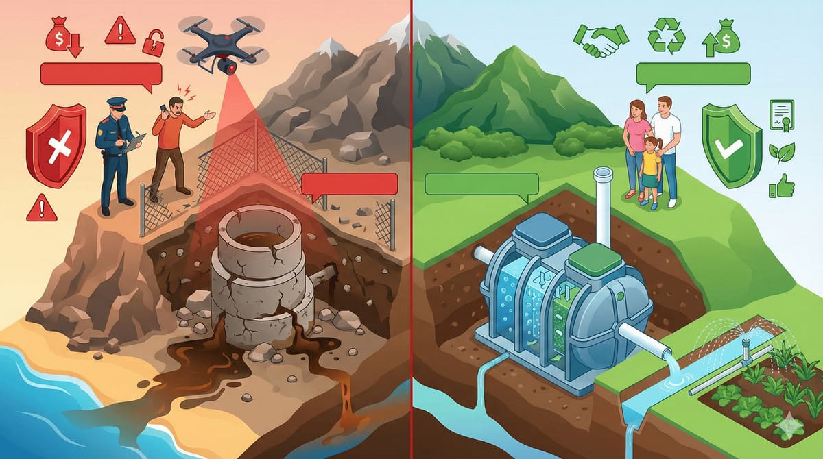Инфографика: Сравнение незаконной выгребной ямы из бетонных колец и станции биологической очистки. Риски штрафов, загрязнение почвы в Крыму против герметичного полипропиленового септика.